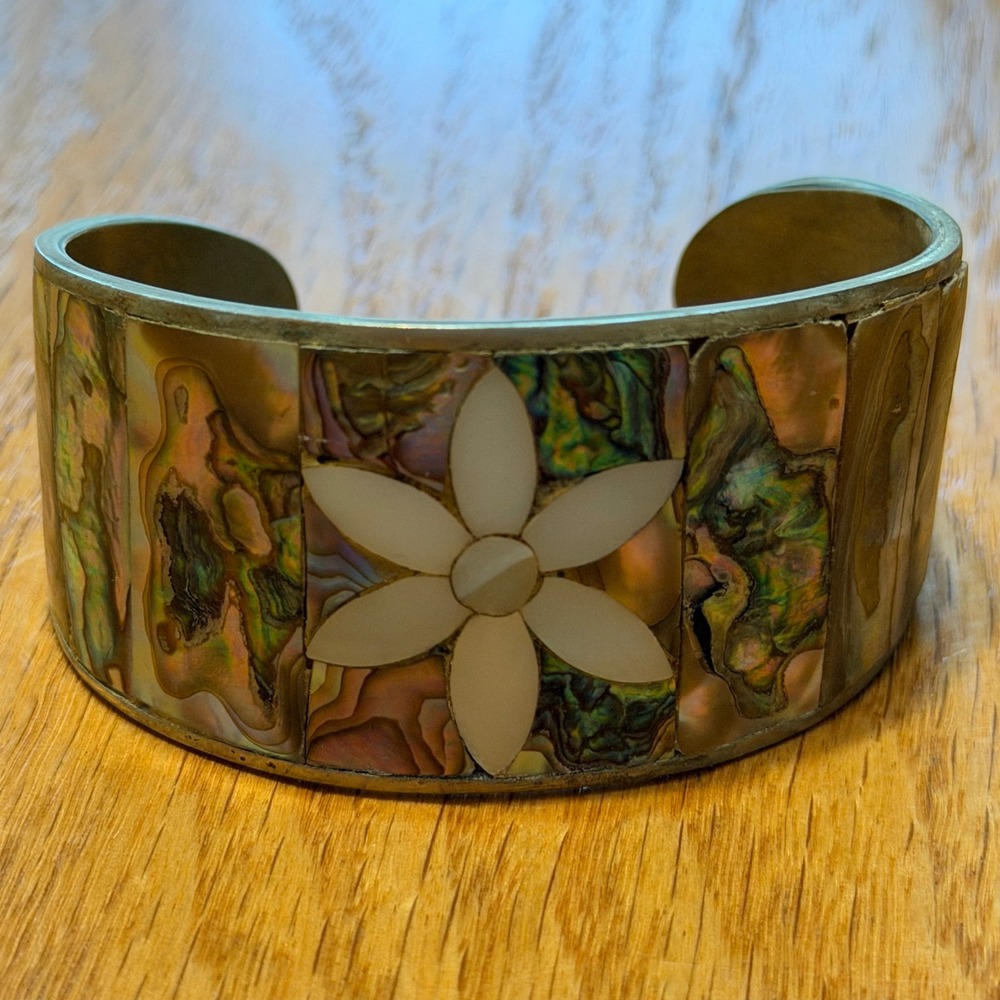 Vintage Cuff Bracelet Womens OS Multi Colored Abalone MOP Inlay Mexico Floral